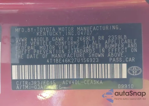 2007 Toyota Camry Ce from USA, damaged, VIN 4T1BE46K27U156923